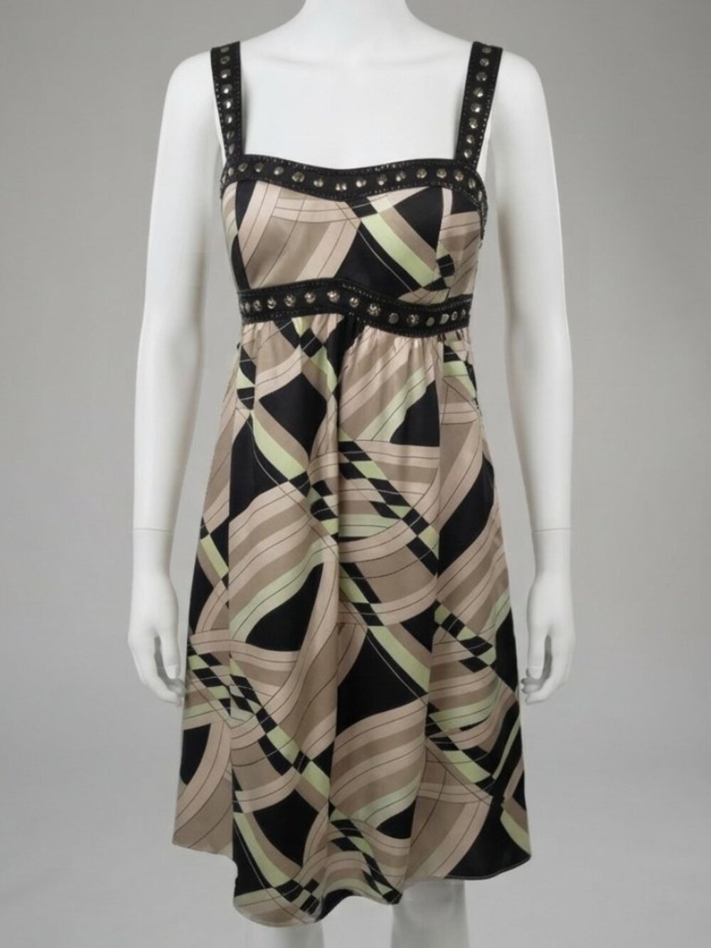 Oleg Cassini Silk Dress with Rhinestone and Bead Trim, 100% Silk Size 9